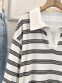 GlowEve CURVE Elegant Casual Vintage White Collared Knit Long Sleeve Plus Size T-Shirt Fall Graduation Going Out Vacation - Black and White - View 3