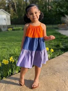 Young Girl Vacation Casual Street Fashion Neck-Tied A-Line Colorblock Dress, Suitable For Vacation, Beach And Seaside - Multicolor - View 3