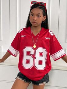 Tween Girls Oversized Red Pullover T-Shirt, Casual Fashion Versatile Streetwear - Red - View 1