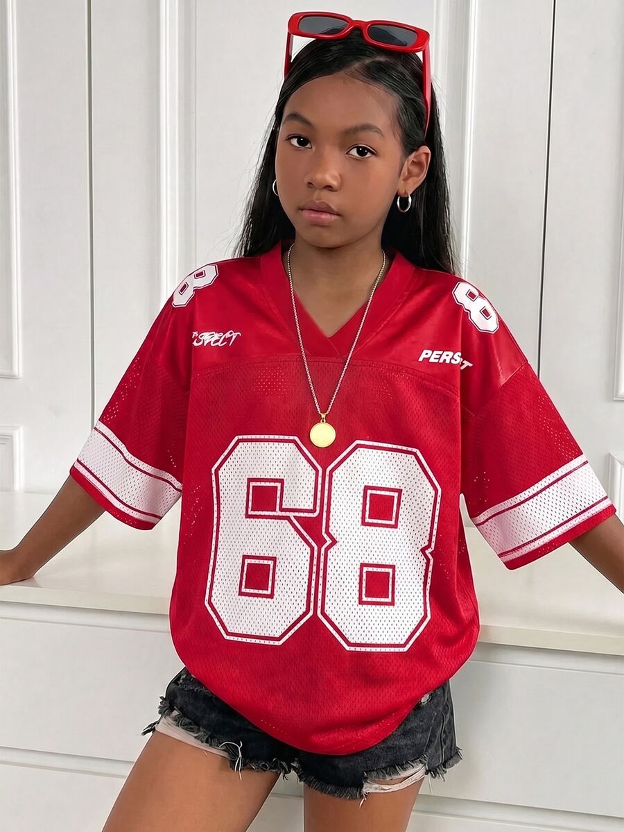 Tween Girls Oversized Red Pullover T-Shirt, Casual Fashion Versatile Streetwear - Red - View 1