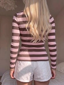 Glamine 女款多巴胺粉色條紋混紡T恤，秋冬Y2K粉色上衣，優雅休閒T恤，適合返校與日常通勤 - 彩色 - 查看 2
