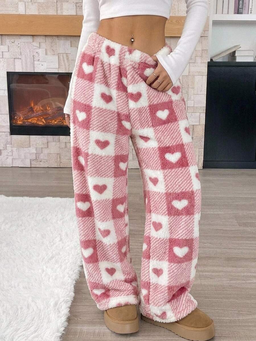 SHEIN Tween Girl Sweet Fashion Kids Heart Print Plush Long Pants - Black - View 1