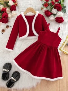 SHEIN Young Girl Knitted Solid Color Velvet Patchwork Contrast Faux Fur Trim Cardigan And Dress 2 Pieces Set - Multicolor - View 5
