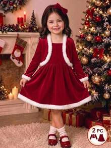 SHEIN Young Girl Knitted Solid Color Velvet Patchwork Contrast Faux Fur Trim Cardigan And Dress 2 Pieces Set - Multicolor - View 2