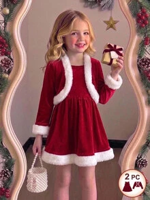 SHEIN Young Girl Knitted Solid Color Velvet Patchwork Contrast Faux Fur Trim Cardigan And Dress 2 Pieces Set - Multicolor - View 4