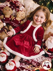 SHEIN Young Girl Knitted Solid Color Velvet Patchwork Contrast Faux Fur Trim Cardigan And Dress 2 Pieces Set - Multicolor - View 3
