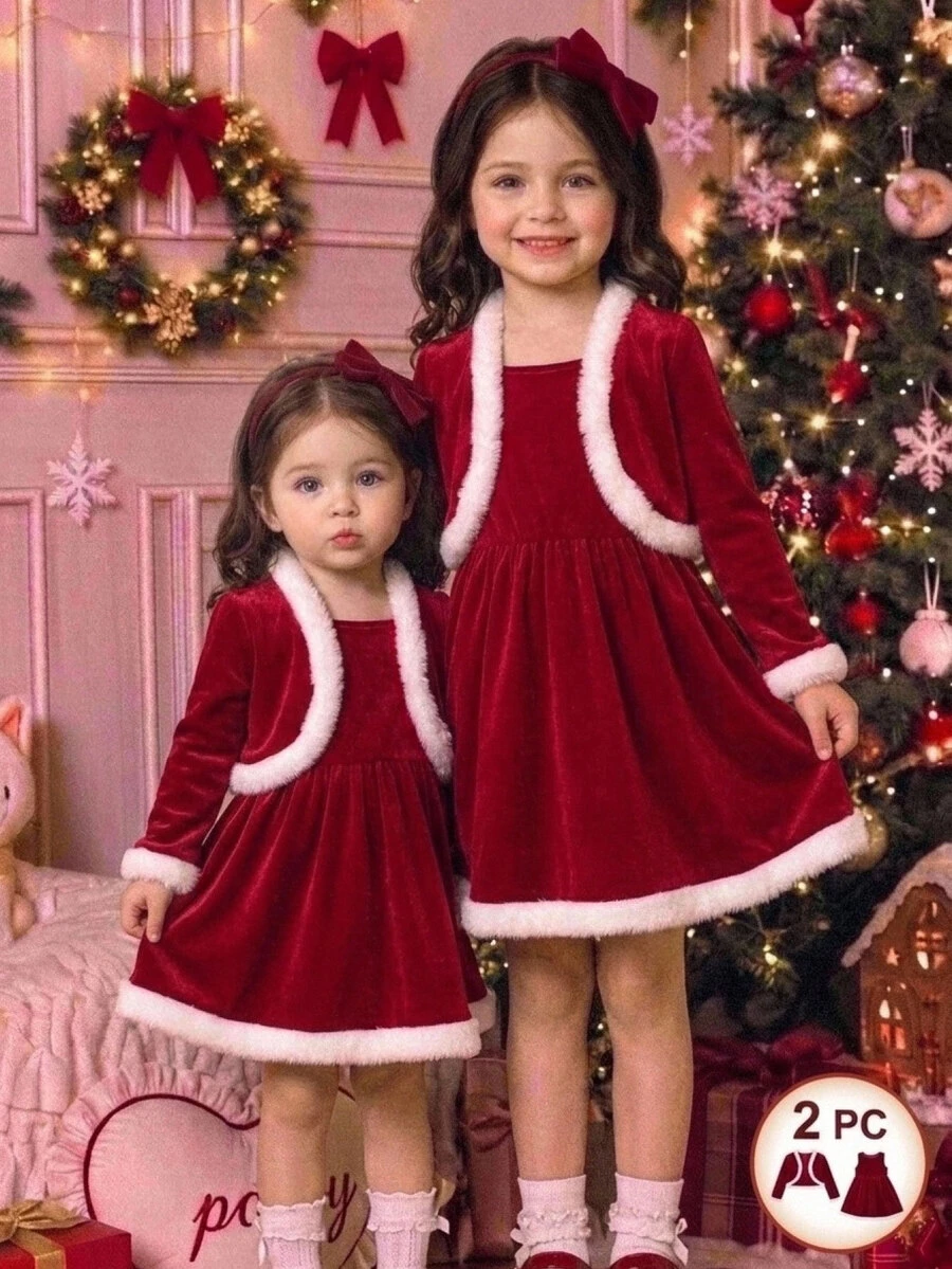 SHEIN Young Girl Knitted Solid Color Velvet Patchwork Contrast Faux Fur Trim Cardigan And Dress 2 Pieces Set - Multicolor - View 1