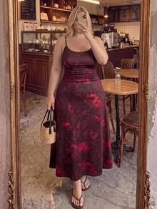 SHEIN MOD 大尺碼女款修身百褶吊帶洋裝，半正式優雅浪漫束腰設計，適合茶會、約會之夜、度假，深綠色，萬聖節洋裝，夏季 - 酒紅色 - 查看 8