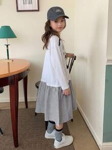 Dazy Kids 少女數位印花拼接條紋下擺長袖休閒洋裝 - 黑與白 - 查看 5
