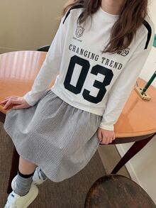 Dazy Kids 少女數位印花拼接條紋下擺長袖休閒洋裝 - 黑與白 - 查看 6
