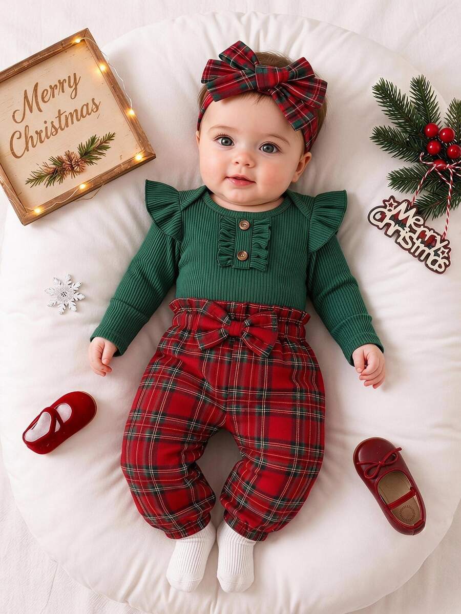 SHEIN Vintaside Kids 2件組女嬰春夏甜美套裝,紅色直條紋羅紋荷葉袖長袖連身衣,附鈕扣與荷葉邊飾,搭配格紋 - 彩色 - 查看 1