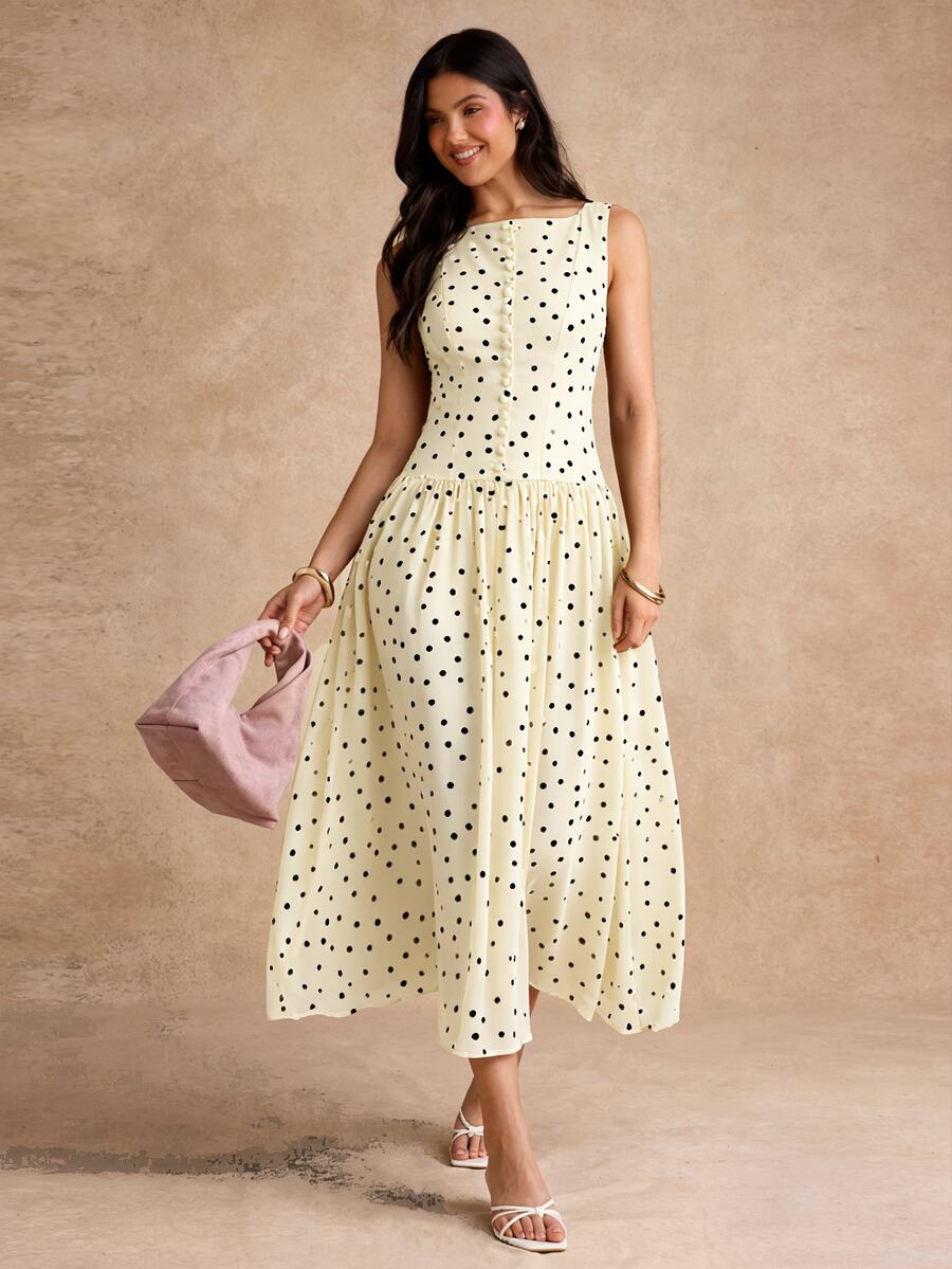 SHEIN 頂級夏季浪漫法式女款優雅棕色與白色波點船領日常日用早午餐茶會長洋裝,度假、舞會禮服 - 杏色 - 查看 1