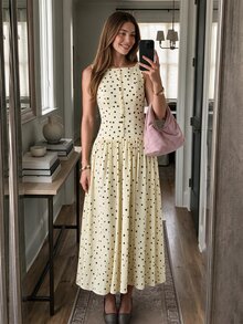 SHEIN 頂級夏季浪漫法式女款優雅棕色與白色波點船領日常日用早午餐茶會長洋裝，度假、舞會禮服 - 杏色 - 查看 3