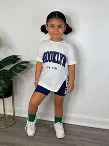 SHEIN Young Girl Sports Streetwear Spring/Summer Knitted Crew Neck Short Sleeve Top + Knit Shorts Set - Navy Blue - View 3