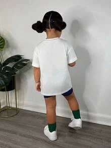 SHEIN Young Girl Sports Streetwear Spring/Summer Knitted Crew Neck Short Sleeve Top + Knit Shorts Set - Navy Blue - View 2