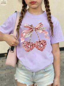 青少年女孩休閒可愛時尚簡約個性化愛心花朵條紋印花T恤款夏季返校校園海軍藍與白色 - 淡紫色 - 查看 5