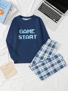 SHEIN 2件組兒童青少年男孩休閒日常百搭舒適字母印花圓領長袖針織修身居家服套裝（上衣與長褲） - 藍色 - 查看 5