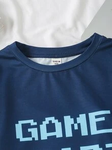 SHEIN 2件組兒童青少年男孩休閒日常百搭舒適字母印花圓領長袖針織修身居家服套裝（上衣與長褲） - 藍色 - 查看 3