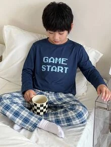SHEIN 2件組兒童青少年男孩休閒日常百搭舒適字母印花圓領長袖針織修身居家服套裝（上衣與長褲） - 藍色 - 查看 1