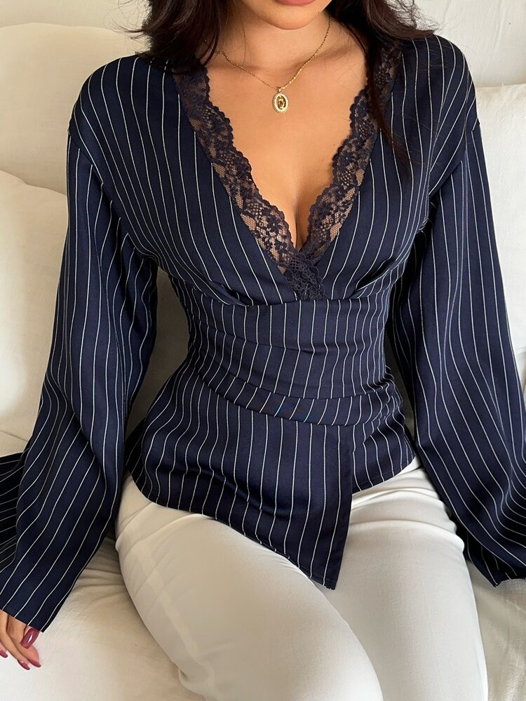 Aloruh Blue Stripes Deep Brown V-Neck Lace Patchwork Blouse, Minimalist Commuter Style, Waist-Flattering Slimming Fit, Early Autumn Fall Clothing - Blue - View 6