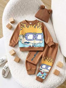 Nick 90s | SHEIN Baby Boy Chuckie Cartoon Print Nick 2 Pieces Set, Crew Neck Long Sleeve Sweatshirt With Elastic Waist Brown Jogger Pants, Casual Cowboy Racing Outfit - Brown - View 7