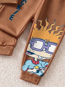 Nick 90s | SHEIN Baby Boy Chuckie Cartoon Print Nick 2 Pieces Set, Crew Neck Long Sleeve Sweatshirt With Elastic Waist Brown Jogger Pants, Casual Cowboy Racing Outfit - Brown - View 5