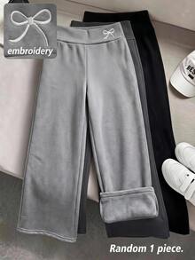 SHEIN 女童秋冬休閒百搭保暖內裡加厚羅紋連身長褲，蝴蝶結刺繡，炭灰色，隨機 1 件 - 淺灰色 - 查看 1