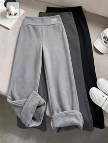 SHEIN 女童秋冬休閒百搭保暖內裡加厚羅紋連身長褲，蝴蝶結刺繡，炭灰色，隨機 1 件 - 淺灰色 - 查看 5