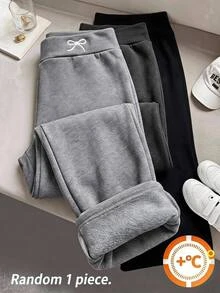 SHEIN 女童秋冬休閒百搭保暖內裡加厚羅紋連身長褲，蝴蝶結刺繡，炭灰色，隨機 1 件 - 淺灰色 - 查看 4