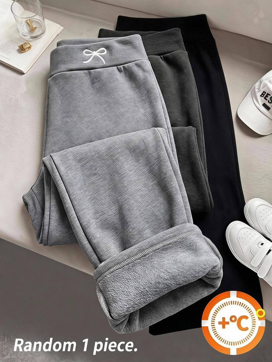 SHEIN Kid Girls Autumn/Winter Casual All-Match Versatile Thermal Lined Thick Ribbed One-Piece Bow Embroidery Long Pants, Charcoal Grey, Random 1pc - Light Grey - View 1