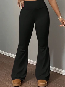 SHEIN Tween Girls Black Knit Thick Flare Pants, Casual Versatile Daily Fashion Pants - Black - View 4