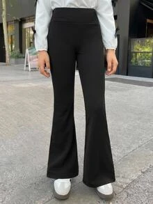SHEIN Tween Girls Black Knit Thick Flare Pants, Casual Versatile Daily Fashion Pants - Black - View 3