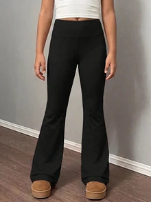 SHEIN Tween Girls Black Knit Thick Flare Pants, Casual Versatile Daily Fashion Pants - Black - View 1