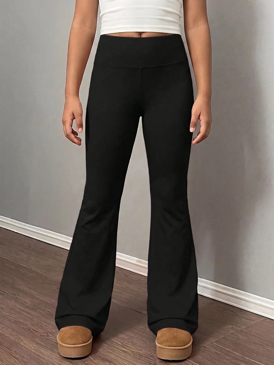 SHEIN Tween Girls Black Knit Thick Flare Pants, Casual Versatile Daily Fashion Pants - Black - View 1