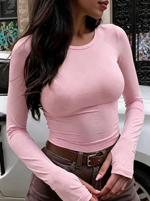 SHEIN 女款純色圓領長袖修身休閒T恤 日夜穿搭 嬰兒粉 秋季 - 粉色 - 查看 2