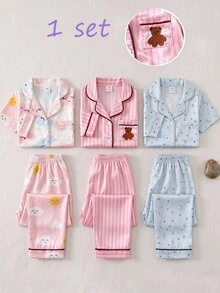 Baby Girl Pink Striped Ice Silk Pajama Set, Spring/Autumn Lapel Cardigan With Eyelash Embroidery Pocket, Faux Silk Long Sleeve & Long Pants Loungewear 2 Pieces Set - Pink - View 6