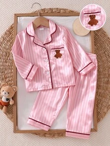 Baby Girl Pink Striped Ice Silk Pajama Set, Spring/Autumn Lapel Cardigan With Eyelash Embroidery Pocket, Faux Silk Long Sleeve & Long Pants Loungewear 2 Pieces Set - Pink - View 7