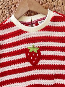 SHEIN 新生兒條紋圖案草莓刺繡長袖套頭上衣與長褲套裝 - 紅色 - 查看 4
