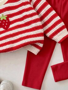 SHEIN 新生兒條紋圖案草莓刺繡長袖套頭上衣與長褲套裝 - 紅色 - 查看 5