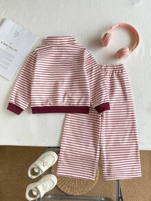 SHEIN 2件組幼女運動衫長褲套裝 學院風酒紅粉色條紋馬匹圖案 長袖半拉鍊領 厚款 校園秋冬度假舒適慢跑運動風 - 彩色 - 查看 2