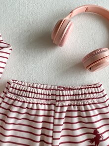 SHEIN 2件組幼女運動衫長褲套裝 學院風酒紅粉色條紋馬匹圖案 長袖半拉鍊領 厚款 校園秋冬度假舒適慢跑運動風 - 彩色 - 查看 7