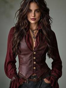 Glimmora Autumn/Winter Fashion Vintage Solid Color Single-Breasted Outerwear Women's Vest Jacket - Burgundy - View 8