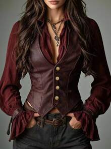 Glimmora Autumn/Winter Fashion Vintage Solid Color Single-Breasted Outerwear Women's Vest Jacket - Burgundy - View 4