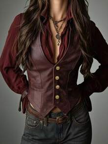 Glimmora Autumn/Winter Fashion Vintage Solid Color Single-Breasted Outerwear Women's Vest Jacket - Burgundy - View 7