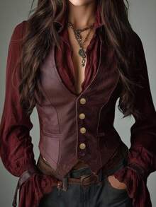 Glimmora Autumn/Winter Fashion Vintage Solid Color Single-Breasted Outerwear Women's Vest Jacket - Burgundy - View 3