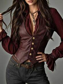 Glimmora Autumn/Winter Fashion Vintage Solid Color Single-Breasted Outerwear Women's Vest Jacket - Burgundy - View 5