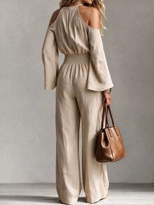 Omancia 100% Cotton Fabric Halter Neck Hollow Out Bell Sleeve Cinched Waist Casual Commute Daily Jumpsuit - Apricot - View 2