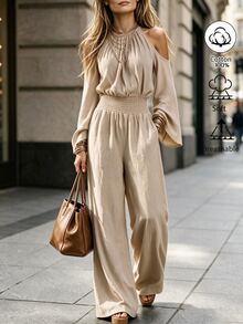 Omancia 100% Cotton Fabric Halter Neck Hollow Out Bell Sleeve Cinched Waist Casual Commute Daily Jumpsuit - Apricot - View 3