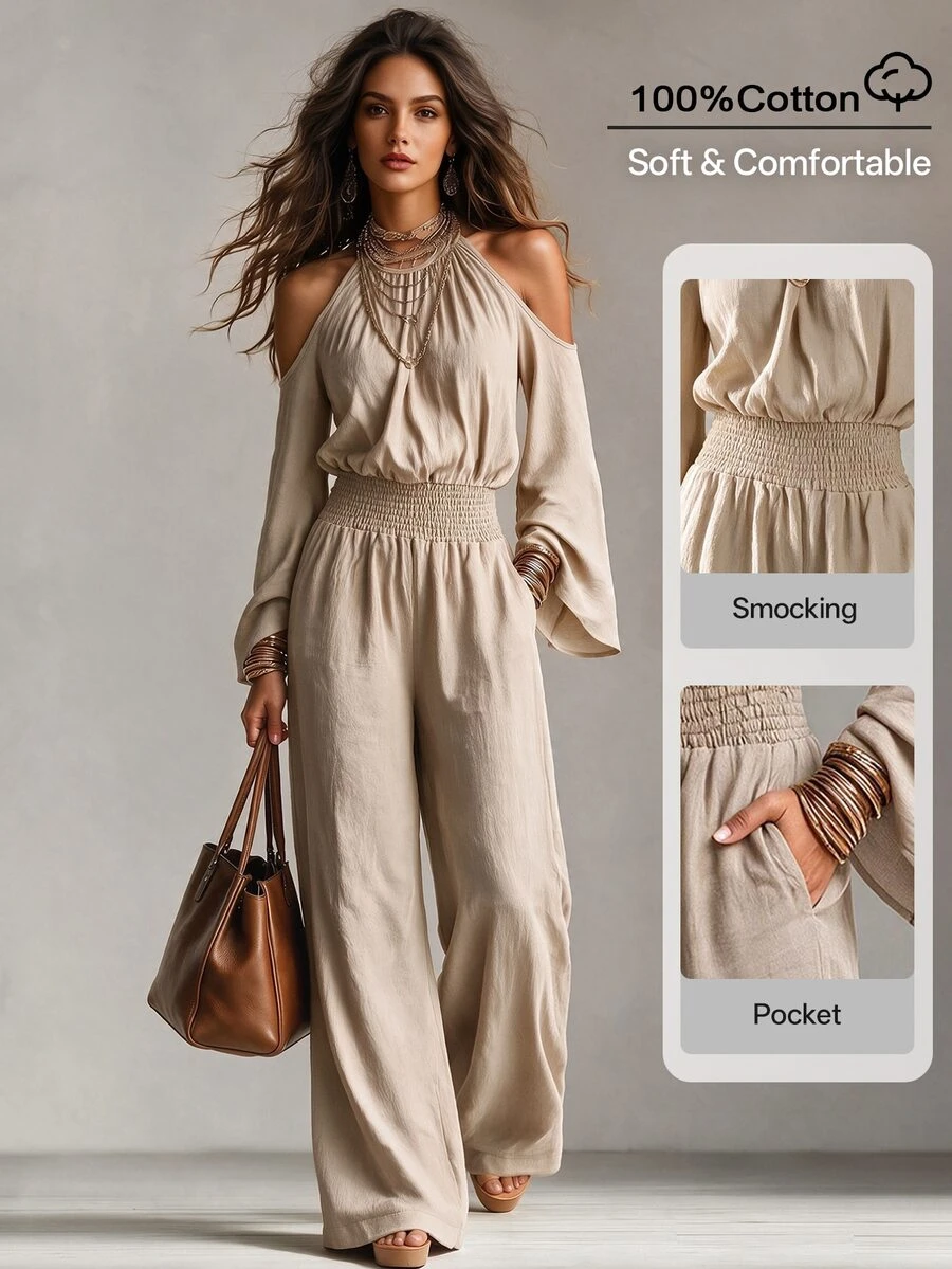 Omancia 100% Cotton Fabric Halter Neck Hollow Out Bell Sleeve Cinched Waist Casual Commute Daily Jumpsuit - Apricot - View 1