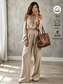 Omancia 100% Cotton Fabric Halter Neck Hollow Out Bell Sleeve Cinched Waist Casual Commute Daily Jumpsuit - Apricot - View 4
